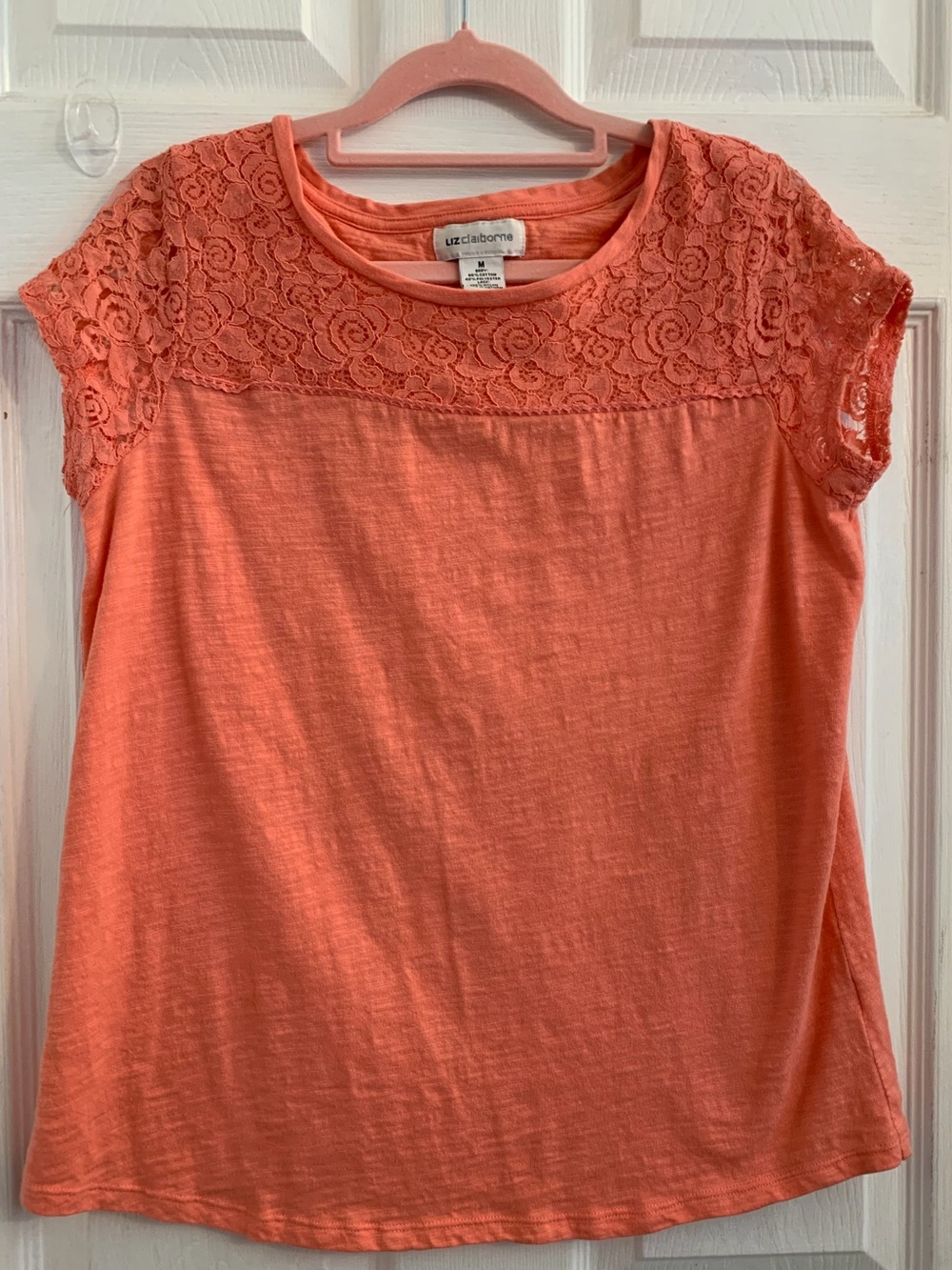 Liz Claiborne Coral Short Sleeve Lace Yoke Tee. Size medium $10